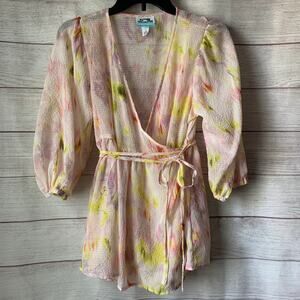 Future Collective Pink Floral Wrap Blouse Tie String 3/4 to Elbow Sleeves XS